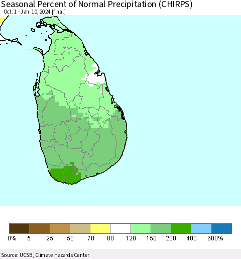 Sri Lanka Seasonal Percent of Normal Precipitation (CHIRPS) Thematic Map For 10/1/2023 - 1/10/2024