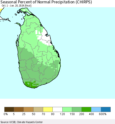 Sri Lanka Seasonal Percent of Normal Precipitation (CHIRPS) Thematic Map For 10/1/2023 - 1/20/2024