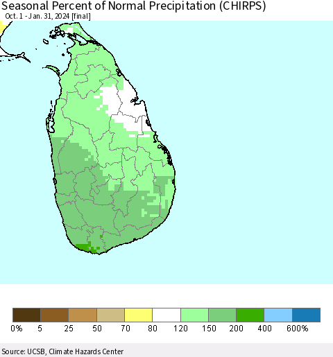 Sri Lanka Seasonal Percent of Normal Precipitation (CHIRPS) Thematic Map For 10/1/2023 - 1/31/2024