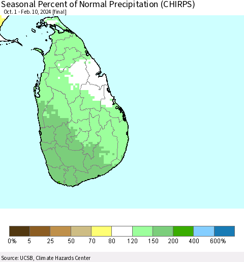 Sri Lanka Seasonal Percent of Normal Precipitation (CHIRPS) Thematic Map For 10/1/2023 - 2/10/2024