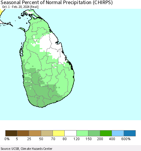 Sri Lanka Seasonal Percent of Normal Precipitation (CHIRPS) Thematic Map For 10/1/2023 - 2/20/2024