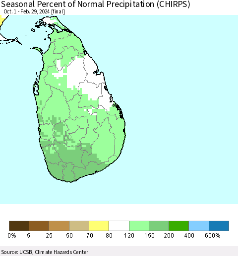 Sri Lanka Seasonal Percent of Normal Precipitation (CHIRPS) Thematic Map For 10/1/2023 - 2/29/2024