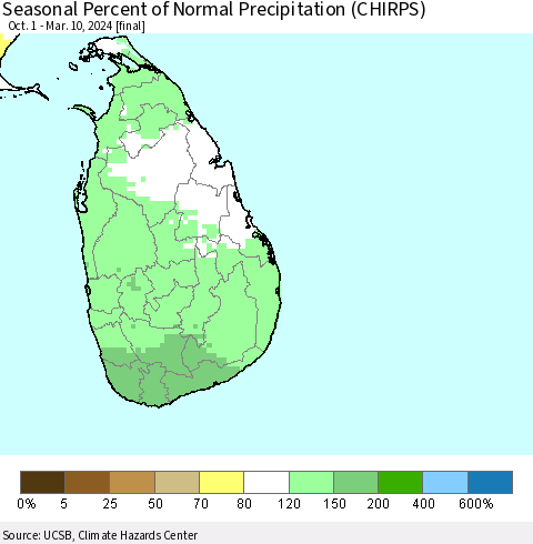 Sri Lanka Seasonal Percent of Normal Precipitation (CHIRPS) Thematic Map For 10/1/2023 - 3/10/2024