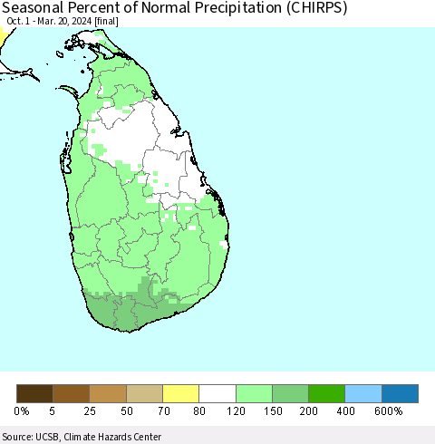 Sri Lanka Seasonal Percent of Normal Precipitation (CHIRPS) Thematic Map For 10/1/2023 - 3/20/2024