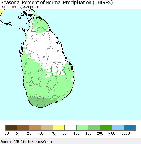 Sri Lanka Seasonal Percent of Normal Precipitation (CHIRPS) Thematic Map For 10/1/2023 - 4/10/2024
