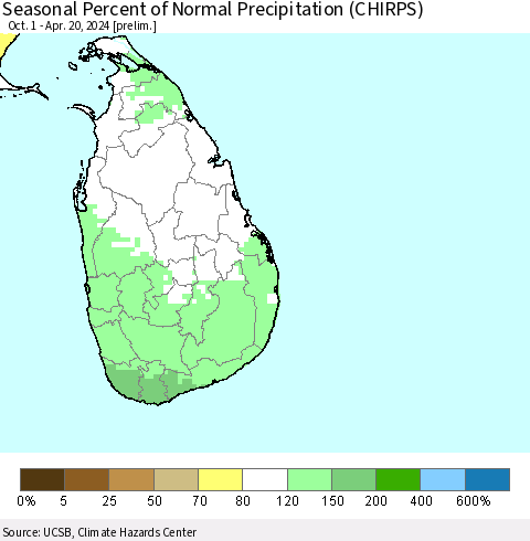 Sri Lanka Seasonal Percent of Normal Precipitation (CHIRPS) Thematic Map For 10/1/2023 - 4/20/2024