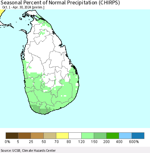 Sri Lanka Seasonal Percent of Normal Precipitation (CHIRPS) Thematic Map For 10/1/2023 - 4/30/2024