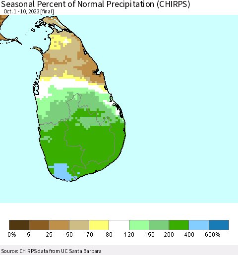 Sri Lanka Seasonal Percent of Normal Precipitation (CHIRPS) Thematic Map For 10/1/2023 - 10/10/2023