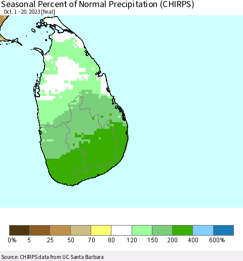 Sri Lanka Seasonal Percent of Normal Precipitation (CHIRPS) Thematic Map For 10/1/2023 - 10/20/2023