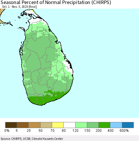 Sri Lanka Seasonal Percent of Normal Precipitation (CHIRPS) Thematic Map For 10/1/2023 - 11/5/2023