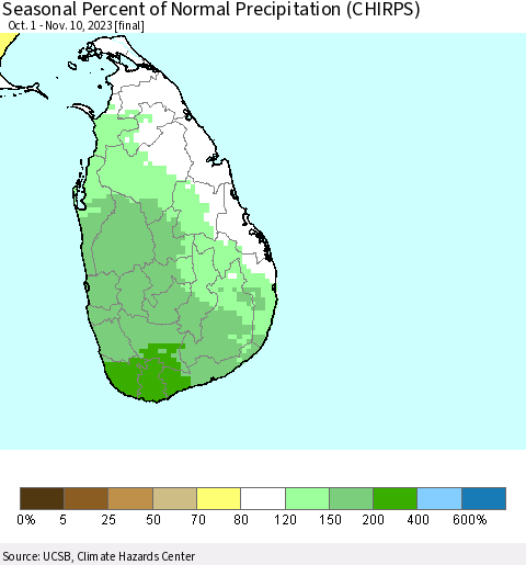 Sri Lanka Seasonal Percent of Normal Precipitation (CHIRPS) Thematic Map For 10/1/2023 - 11/10/2023