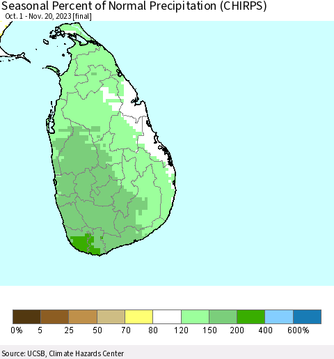 Sri Lanka Seasonal Percent of Normal Precipitation (CHIRPS) Thematic Map For 10/1/2023 - 11/20/2023