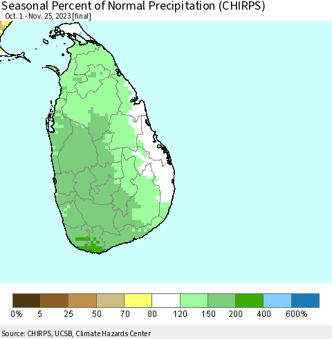 Sri Lanka Seasonal Percent of Normal Precipitation (CHIRPS) Thematic Map For 10/1/2023 - 11/25/2023