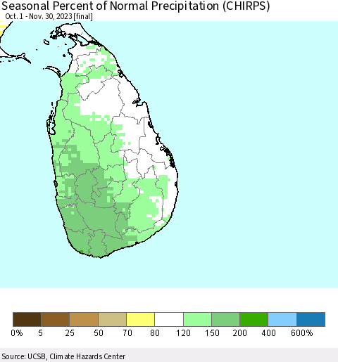 Sri Lanka Seasonal Percent of Normal Precipitation (CHIRPS) Thematic Map For 10/1/2023 - 11/30/2023