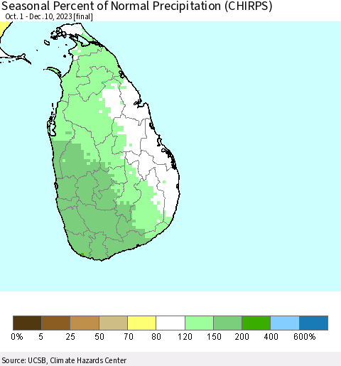 Sri Lanka Seasonal Percent of Normal Precipitation (CHIRPS) Thematic Map For 10/1/2023 - 12/10/2023