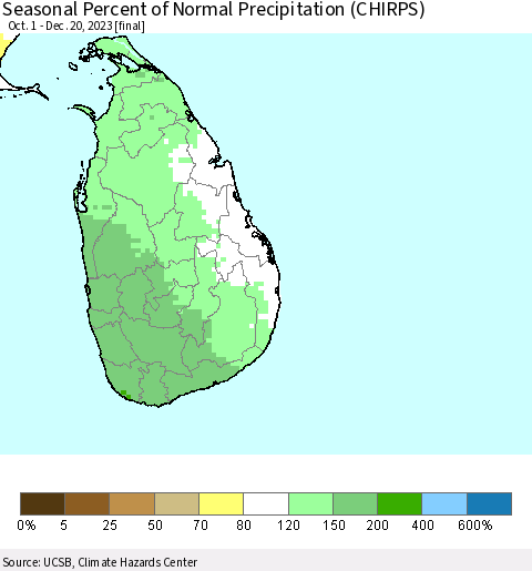 Sri Lanka Seasonal Percent of Normal Precipitation (CHIRPS) Thematic Map For 10/1/2023 - 12/20/2023