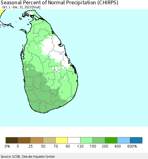 Sri Lanka Seasonal Percent of Normal Precipitation (CHIRPS) Thematic Map For 10/1/2023 - 12/31/2023