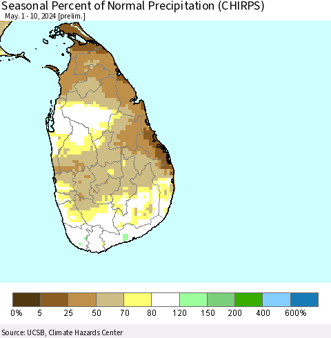 Sri Lanka Seasonal Percent of Normal Precipitation (CHIRPS) Thematic Map For 5/1/2024 - 5/10/2024