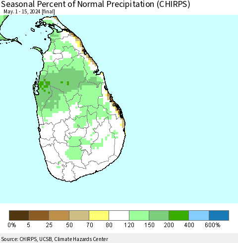Sri Lanka Seasonal Percent of Normal Precipitation (CHIRPS) Thematic Map For 5/1/2024 - 5/15/2024