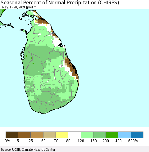 Sri Lanka Seasonal Percent of Normal Precipitation (CHIRPS) Thematic Map For 5/1/2024 - 5/20/2024