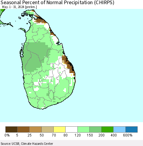Sri Lanka Seasonal Percent of Normal Precipitation (CHIRPS) Thematic Map For 5/1/2024 - 5/31/2024