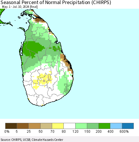 Sri Lanka Seasonal Percent of Normal Precipitation (CHIRPS) Thematic Map For 5/1/2024 - 7/10/2024