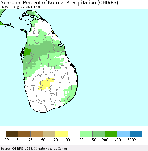 Sri Lanka Seasonal Percent of Normal Precipitation (CHIRPS) Thematic Map For 5/1/2024 - 8/25/2024