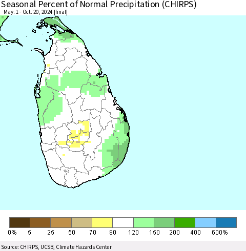 Sri Lanka Seasonal Percent of Normal Precipitation (CHIRPS) Thematic Map For 5/1/2024 - 10/20/2024