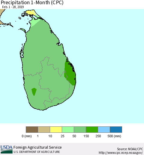 Sri Lanka Precipitation 1-Month (CPC) Thematic Map For 2/1/2019 - 2/28/2019