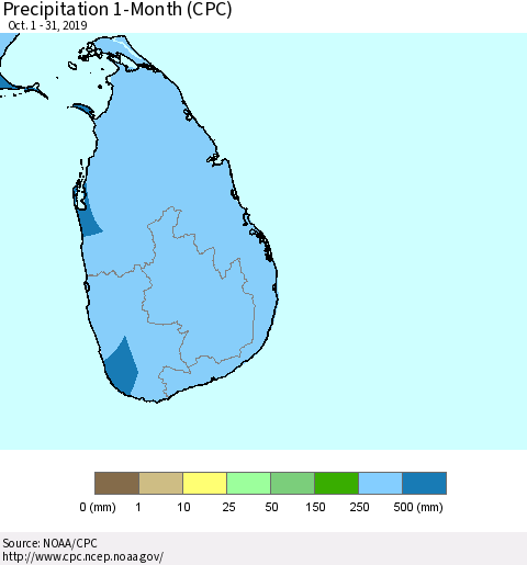 Sri Lanka Precipitation 1-Month (CPC) Thematic Map For 10/1/2019 - 10/31/2019