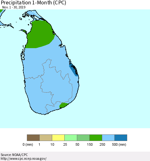 Sri Lanka Precipitation 1-Month (CPC) Thematic Map For 11/1/2019 - 11/30/2019