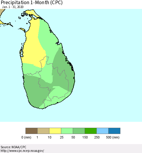 Sri Lanka Precipitation 1-Month (CPC) Thematic Map For 1/1/2020 - 1/31/2020