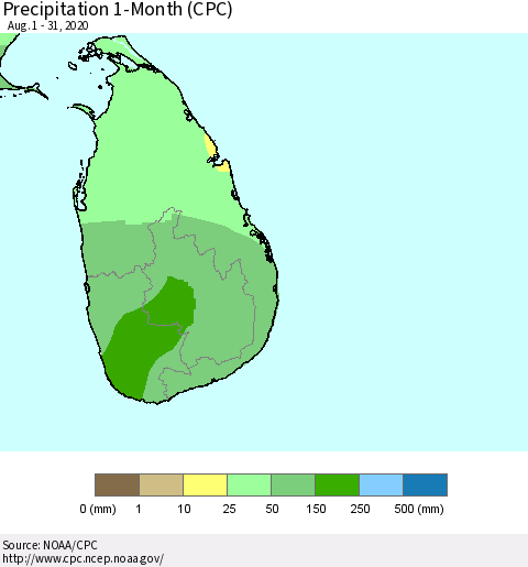 Sri Lanka Precipitation 1-Month (CPC) Thematic Map For 8/1/2020 - 8/31/2020