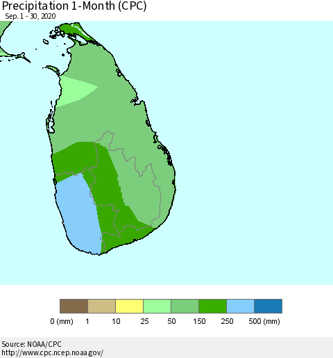 Sri Lanka Precipitation 1-Month (CPC) Thematic Map For 9/1/2020 - 9/30/2020