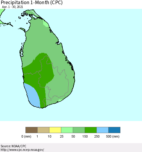 Sri Lanka Precipitation 1-Month (CPC) Thematic Map For 4/1/2021 - 4/30/2021