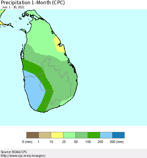Sri Lanka Precipitation 1-Month (CPC) Thematic Map For 6/1/2021 - 6/30/2021