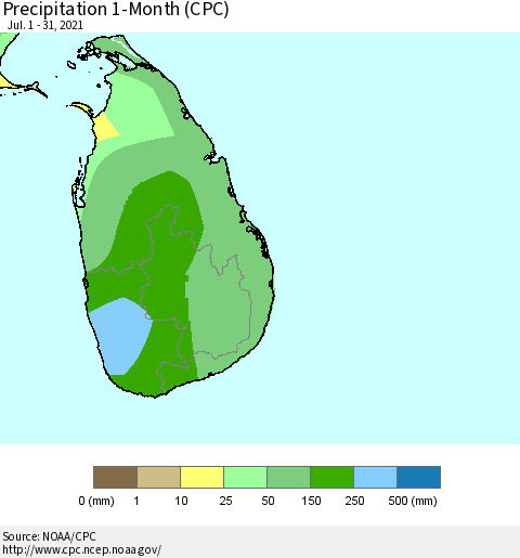 Sri Lanka Precipitation 1-Month (CPC) Thematic Map For 7/1/2021 - 7/31/2021