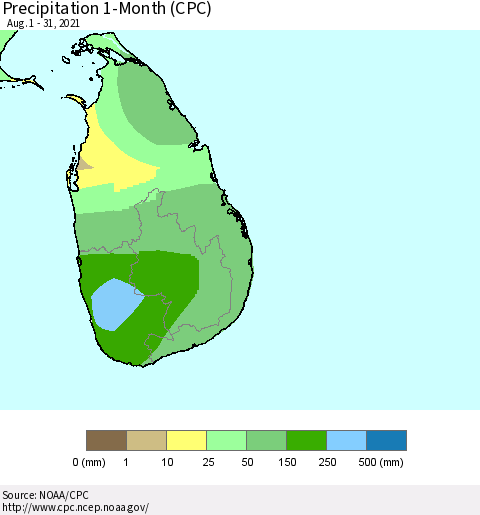 Sri Lanka Precipitation 1-Month (CPC) Thematic Map For 8/1/2021 - 8/31/2021
