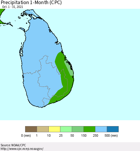 Sri Lanka Precipitation 1-Month (CPC) Thematic Map For 10/1/2021 - 10/31/2021