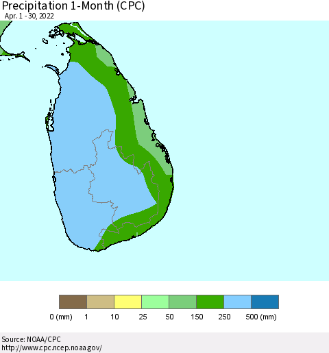 Sri Lanka Precipitation 1-Month (CPC) Thematic Map For 4/1/2022 - 4/30/2022