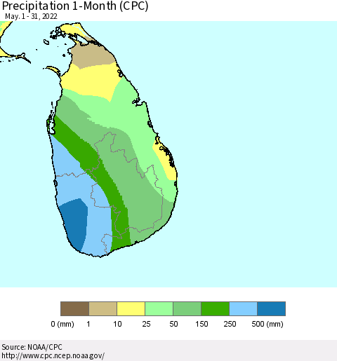 Sri Lanka Precipitation 1-Month (CPC) Thematic Map For 5/1/2022 - 5/31/2022
