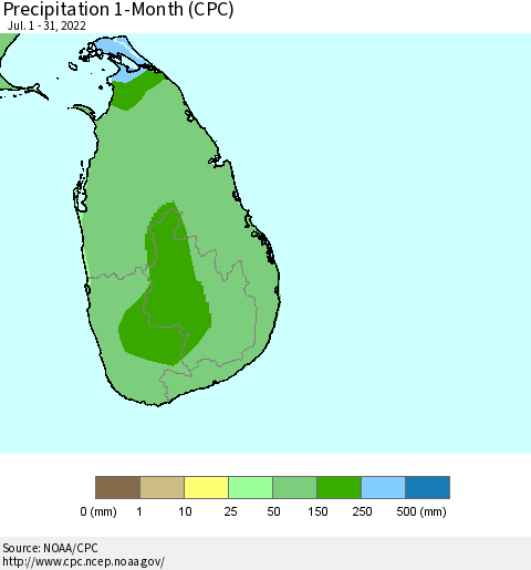 Sri Lanka Precipitation 1-Month (CPC) Thematic Map For 7/1/2022 - 7/31/2022