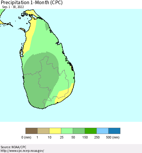 Sri Lanka Precipitation 1-Month (CPC) Thematic Map For 9/1/2022 - 9/30/2022