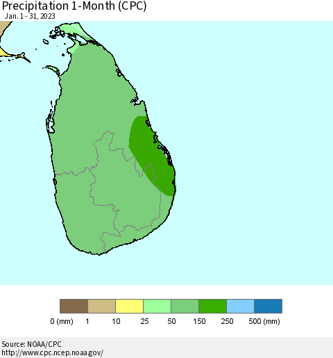 Sri Lanka Precipitation 1-Month (CPC) Thematic Map For 1/1/2023 - 1/31/2023