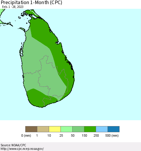 Sri Lanka Precipitation 1-Month (CPC) Thematic Map For 2/1/2023 - 2/28/2023