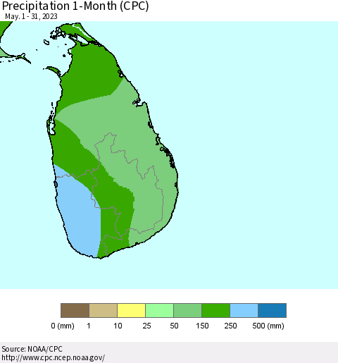 Sri Lanka Precipitation 1-Month (CPC) Thematic Map For 5/1/2023 - 5/31/2023