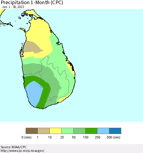 Sri Lanka Precipitation 1-Month (CPC) Thematic Map For 6/1/2023 - 6/30/2023