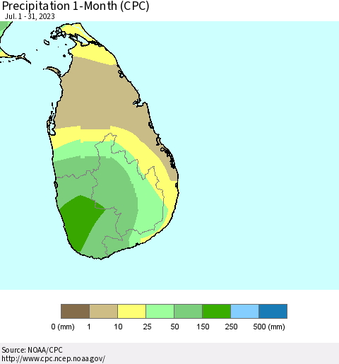 Sri Lanka Precipitation 1-Month (CPC) Thematic Map For 7/1/2023 - 7/31/2023