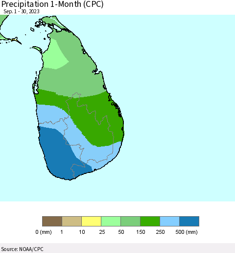 Sri Lanka Precipitation 1-Month (CPC) Thematic Map For 9/1/2023 - 9/30/2023