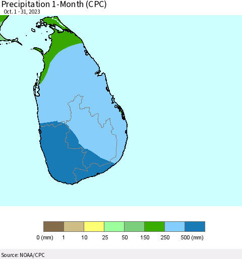 Sri Lanka Precipitation 1-Month (CPC) Thematic Map For 10/1/2023 - 10/31/2023